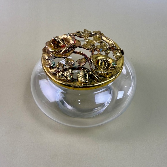Vintage Glass Trinket Dish with Ornate Brass Rose Lid | Hollywood Regency Style - Picture 10 of 13